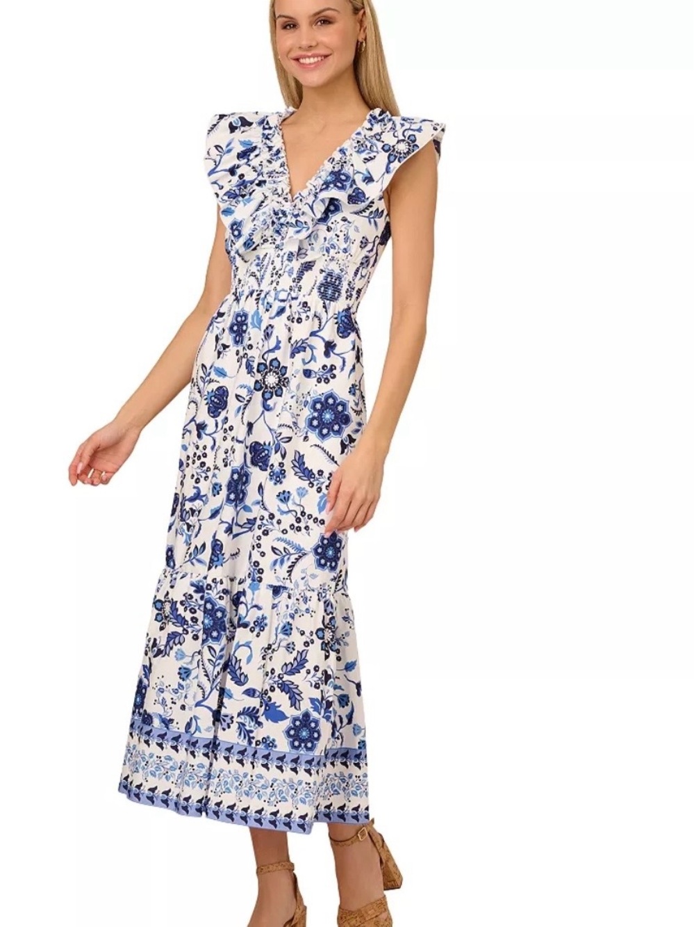 Adrianna Papell Women's Cotton Ruffle V-Neck Midi Dress size 8